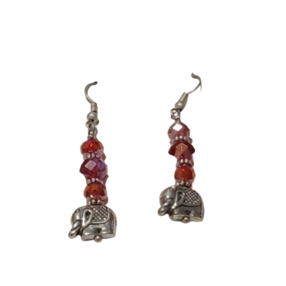 Red beaded elephant charm earrings Handmade silvertone beads